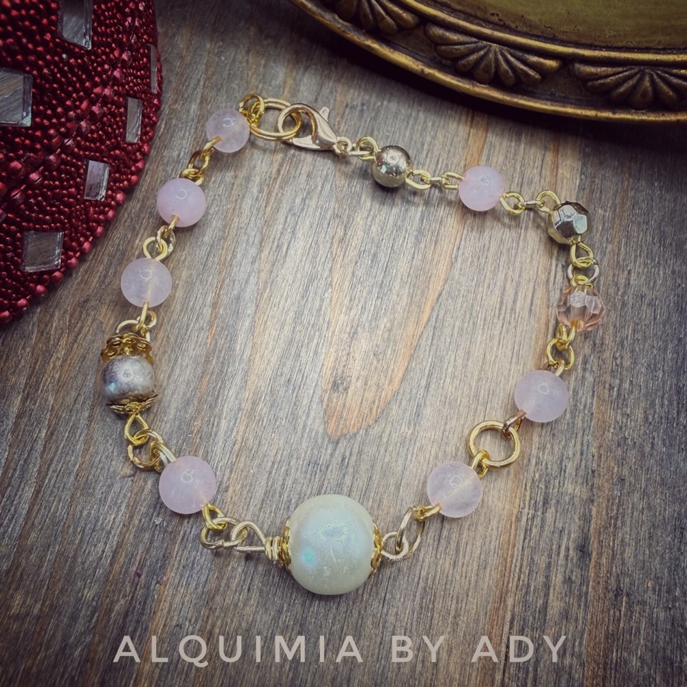 PEARL + Rose Quartz and Gold Bracelet